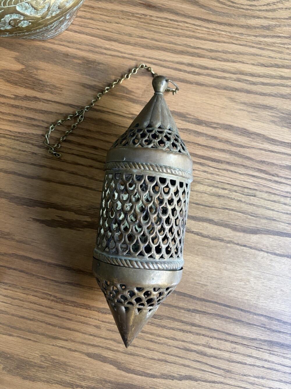 Vintage 1960s Moroccan Brass Lantern Hanging Incense Candle Lantern 14" Tall